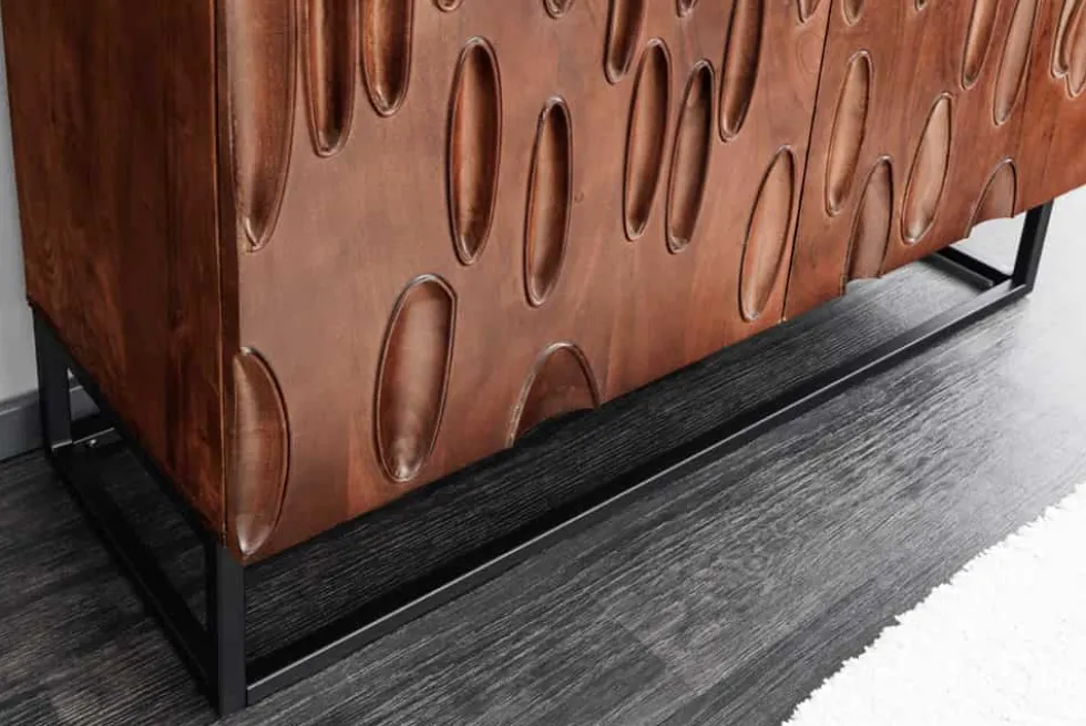 Massives Highboard DUNE 120cm walnuss-braun Akazienholz 3D-Design schwarz Metall