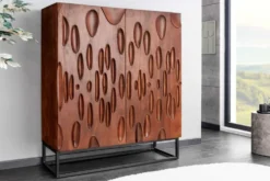 Massives Highboard DUNE 120cm walnuss-braun Akazienholz 3D-Design schwarz Metall