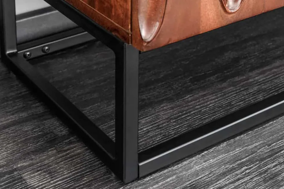 Massives Highboard DUNE 120cm walnuss-braun Akazienholz 3D-Design schwarz Metall