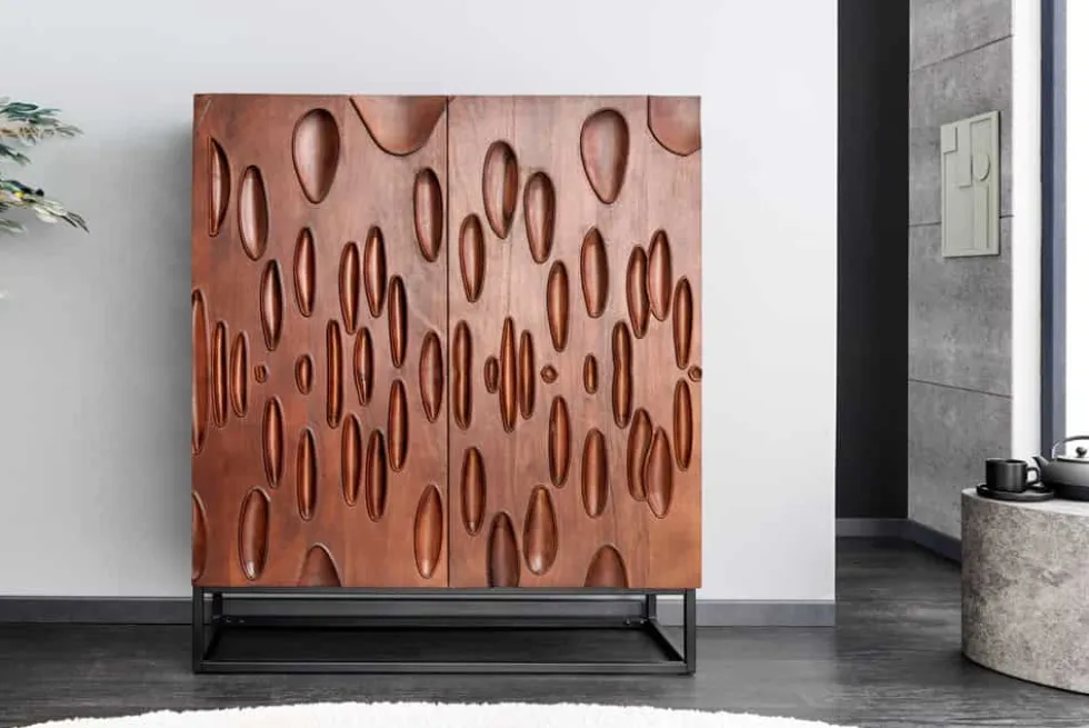 Massives Highboard DUNE 120cm walnuss-braun Akazienholz 3D-Design schwarz Metall