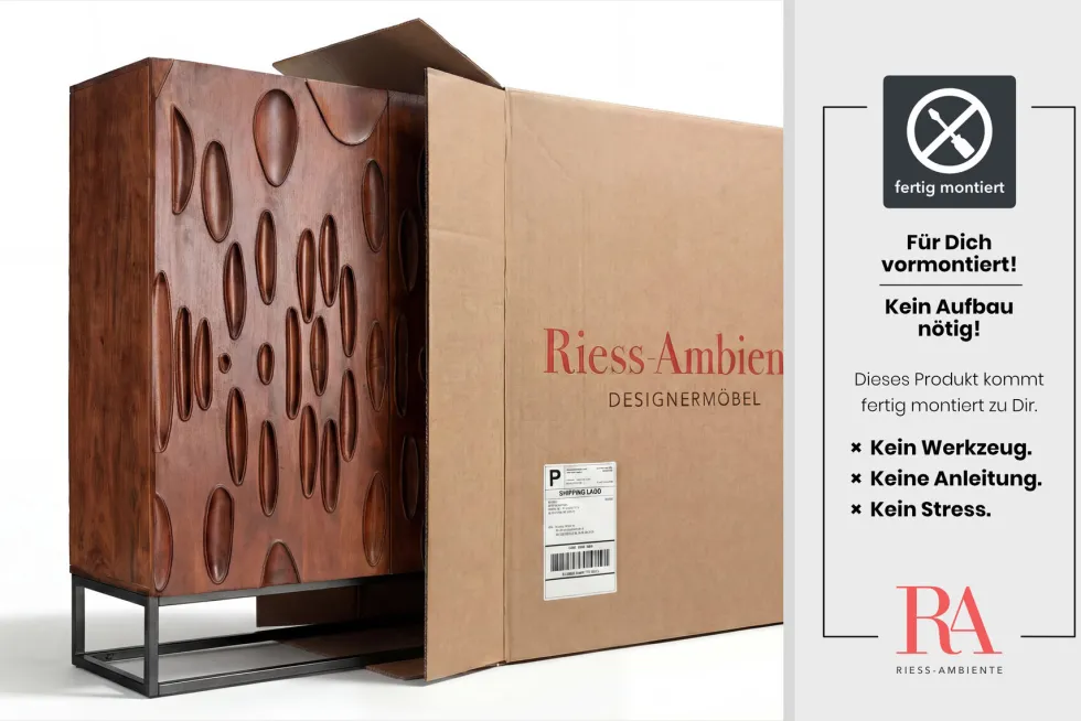 Massives Highboard DUNE 120cm walnuss-braun Akazienholz 3D-Design schwarz Metall