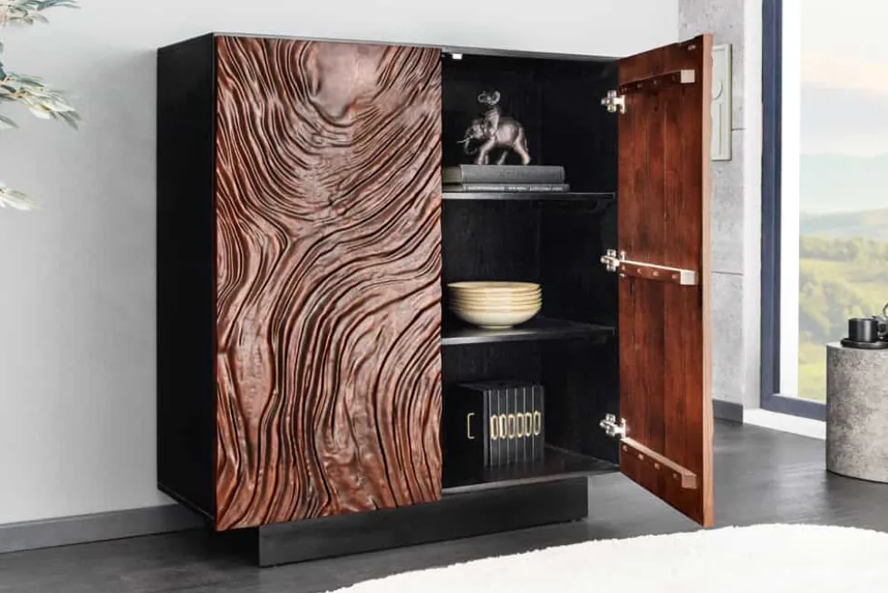 Massives Highboard FLUID 110cm walnuss-braun Akazienholz aufwendiges 3D-Design
