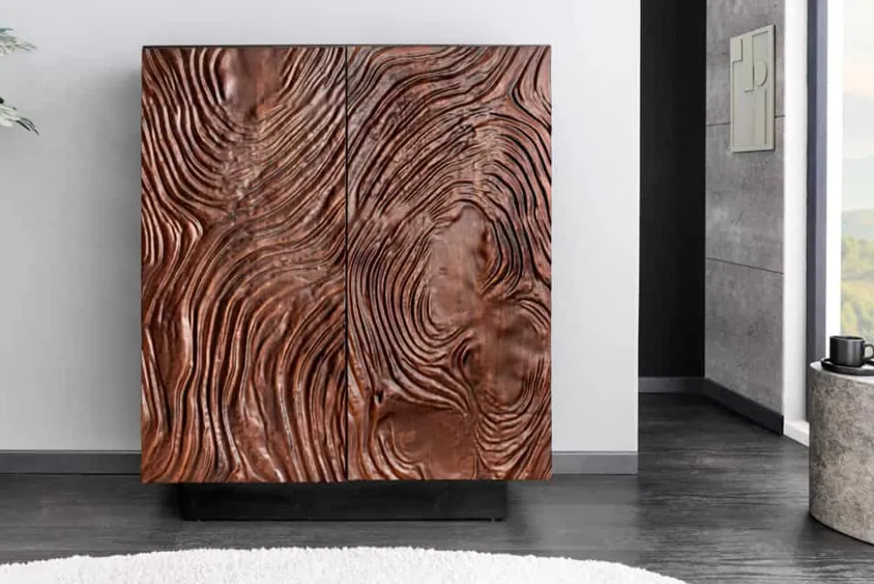 Massives Highboard FLUID 110cm walnuss-braun Akazienholz aufwendiges 3D-Design