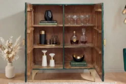 Massives Highboard GOLDEN SUNSET 120cm türkis gold Mangoholz mit 3D Schnitzereien