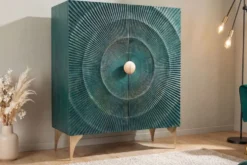 Massives Highboard GOLDEN SUNSET 120cm türkis gold Mangoholz mit 3D Schnitzereien