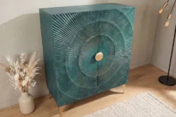 Massives Highboard GOLDEN SUNSET 120cm türkis gold Mangoholz mit 3D Schnitzereien