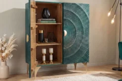 Massives Highboard GOLDEN SUNSET 120cm türkis gold Mangoholz mit 3D Schnitzereien