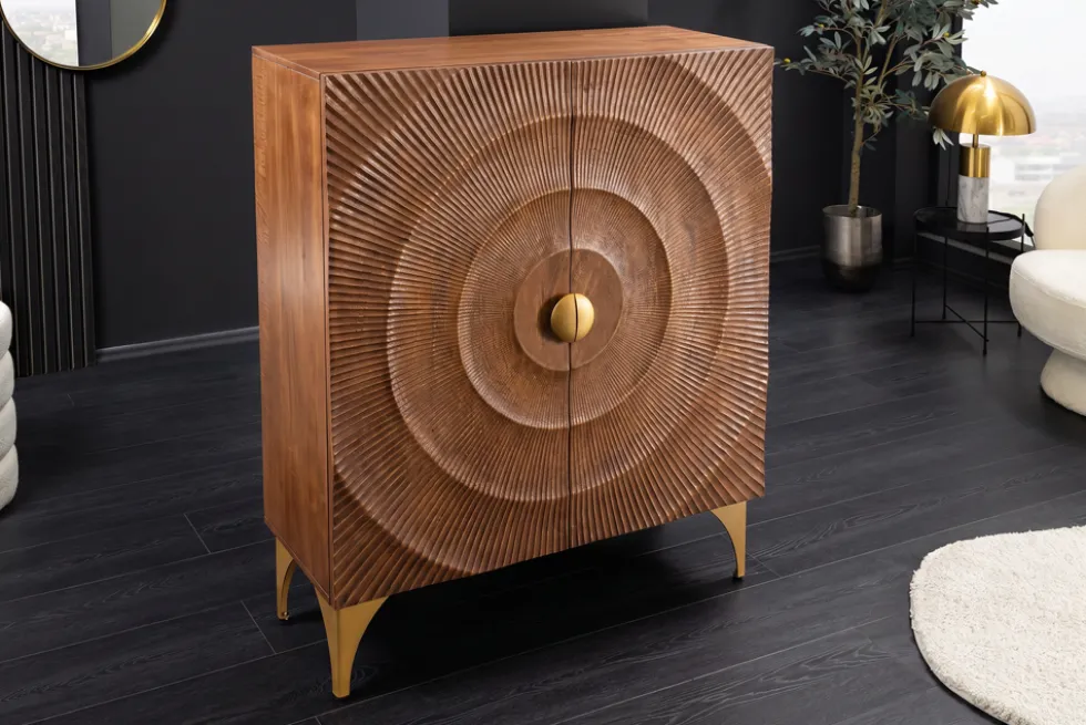Massives Highboard GOLDEN SUNSET 120cm braun gold Mangoholz mit 3D Schnitzereien