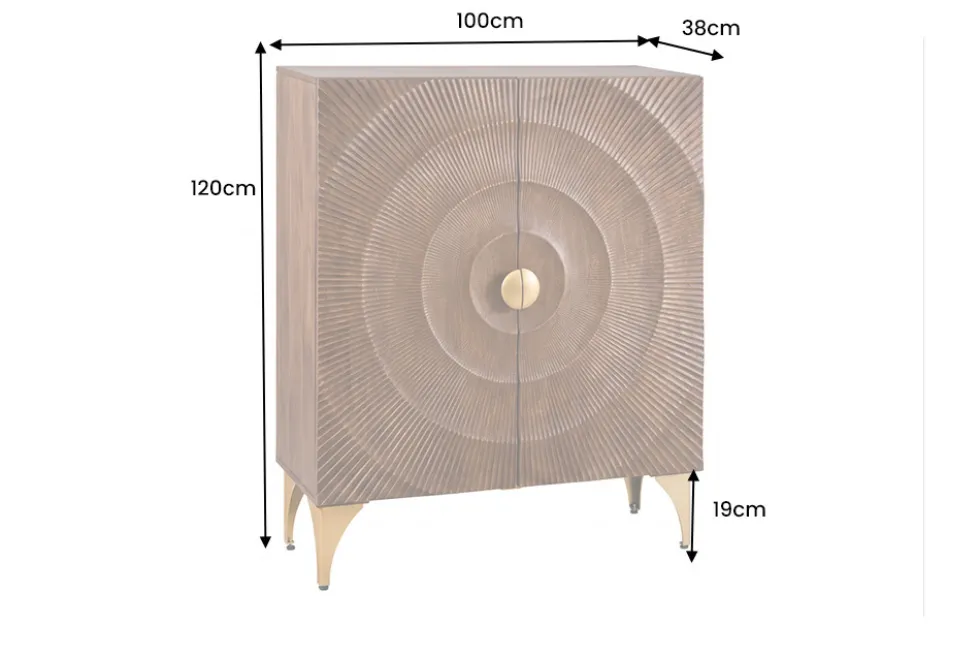 Massives Highboard GOLDEN SUNSET 120cm braun gold Mangoholz mit 3D Schnitzereien