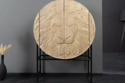 Massives Highboard LION 140cm weiß Mangoholz Metall 3D Schnitzereien Kunstwerk