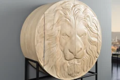 Massives Highboard LION 140cm weiß Mangoholz Metall 3D Schnitzereien Kunstwerk