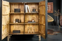 Massives Highboard MANDALA 120cm Mangoholz mit 3D Schnitzereien schwarz goldene Füße