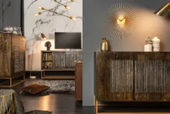 Massives Highboard ONYX 120cm dunkelbraun Mangoholz Edelstein Achat gold Metallgestell
