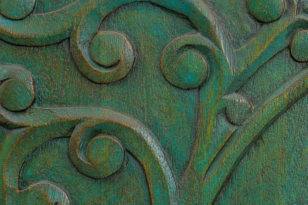 Massives Highboard PEACOCK 170cm grün Mangoholz antik 3D Schnitzerei Pfau-Design