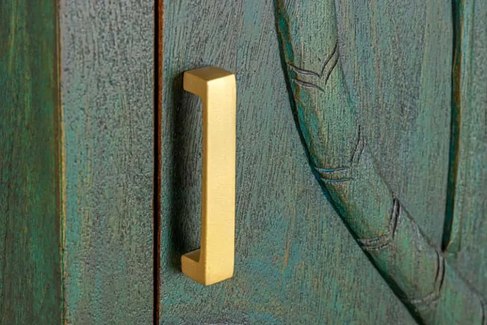 Massives Highboard PEACOCK 170cm grün Mangoholz antik 3D Schnitzerei Pfau-Design