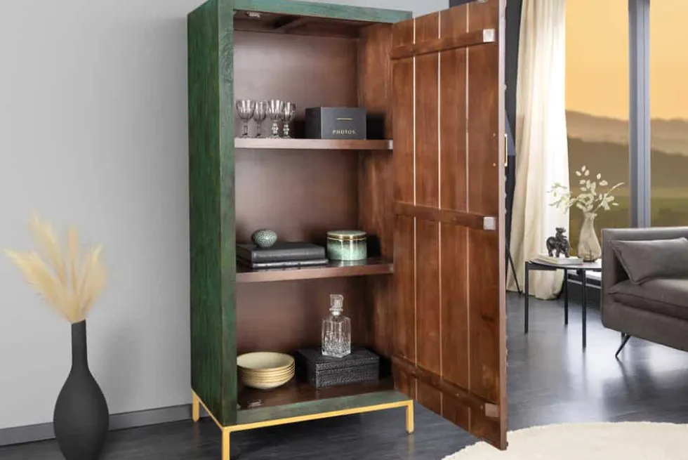 Massives Highboard PEACOCK 170cm grün Mangoholz antik 3D Schnitzerei Pfau-Design
