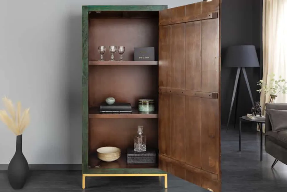 Massives Highboard PEACOCK 170cm grün Mangoholz antik 3D Schnitzerei Pfau-Design