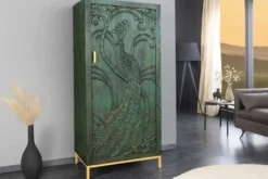 Massives Highboard PEACOCK 170cm grün Mangoholz antik 3D Schnitzerei Pfau-Design