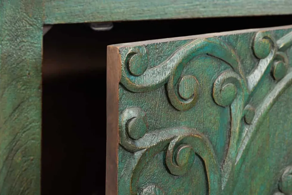 Massives Highboard PEACOCK 170cm grün Mangoholz antik 3D Schnitzerei Pfau-Design