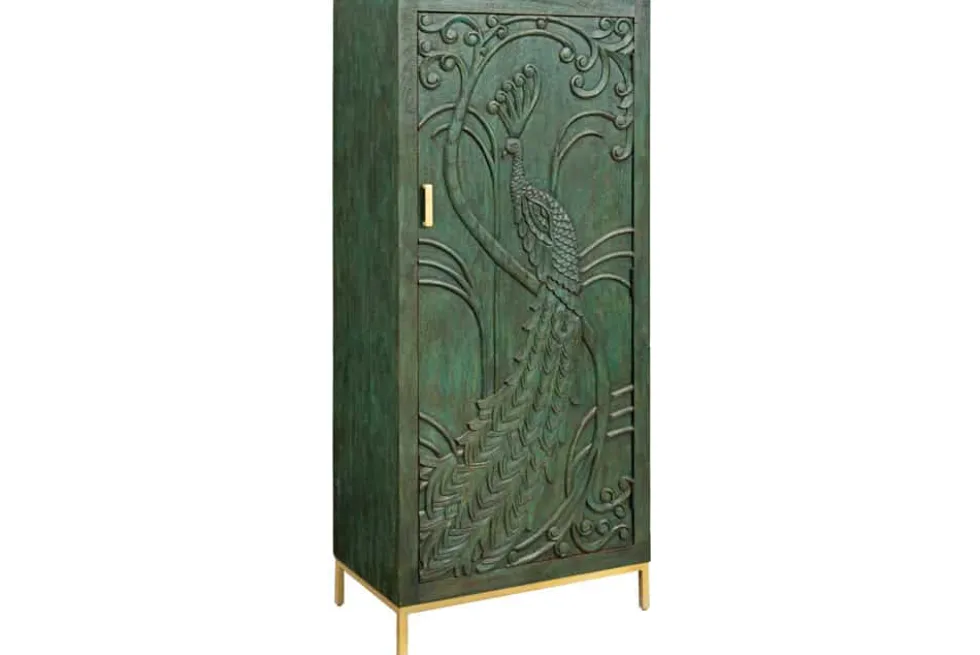 Massives Highboard PEACOCK 170cm grün Mangoholz antik 3D Schnitzerei Pfau-Design