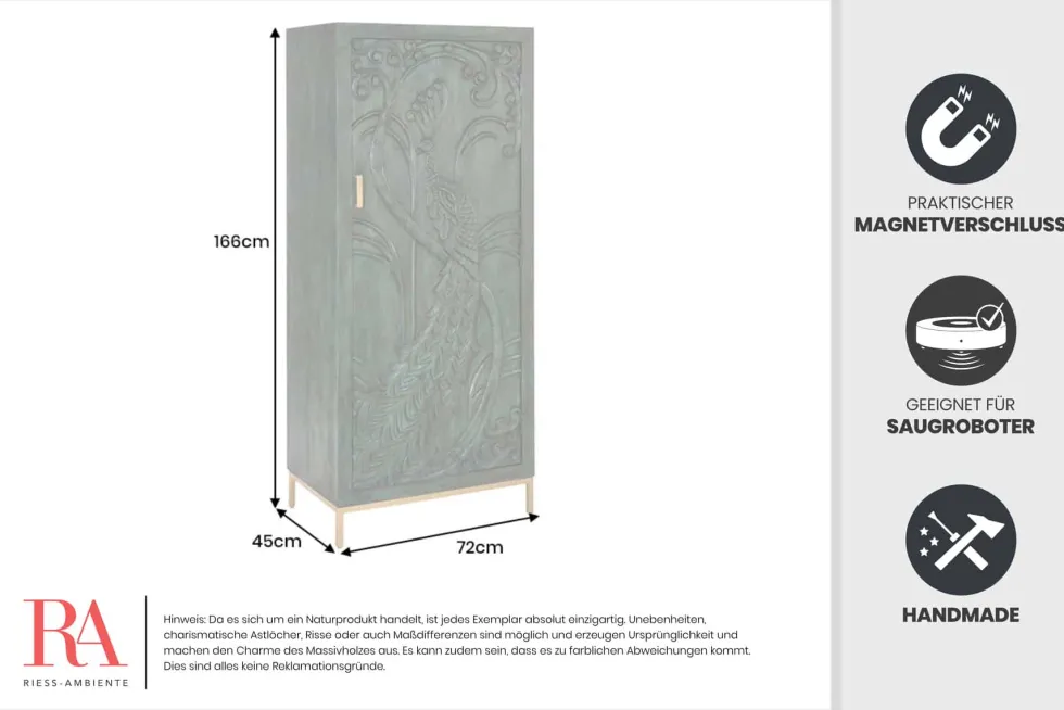 Massives Highboard PEACOCK 170cm grün Mangoholz antik 3D Schnitzerei Pfau-Design