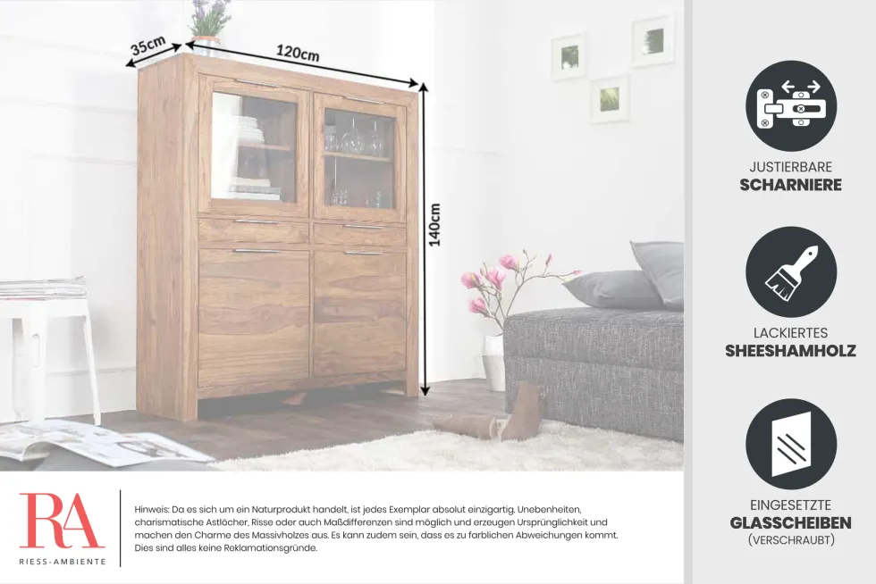 Massives Highboard PURE 140cm braun Sheesham stone finish Vitrine Palisander