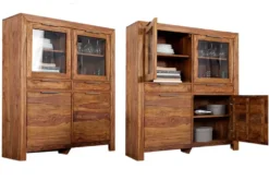 Massives Highboard PURE 140cm braun Sheesham stone finish Vitrine Palisander