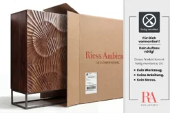 Massives Highboard SCORPION 120cm dunkelbraun Akazie mit 3D Schnitzereien schwarz Metall