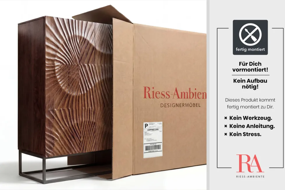 Massives Highboard SCORPION 120cm dunkelbraun Akazie mit 3D Schnitzereien schwarz Metall