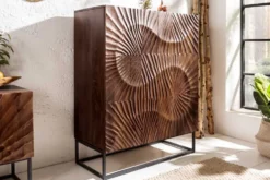 Massives Highboard SCORPION 120cm dunkelbraun Akazie mit 3D Schnitzereien schwarz Metall