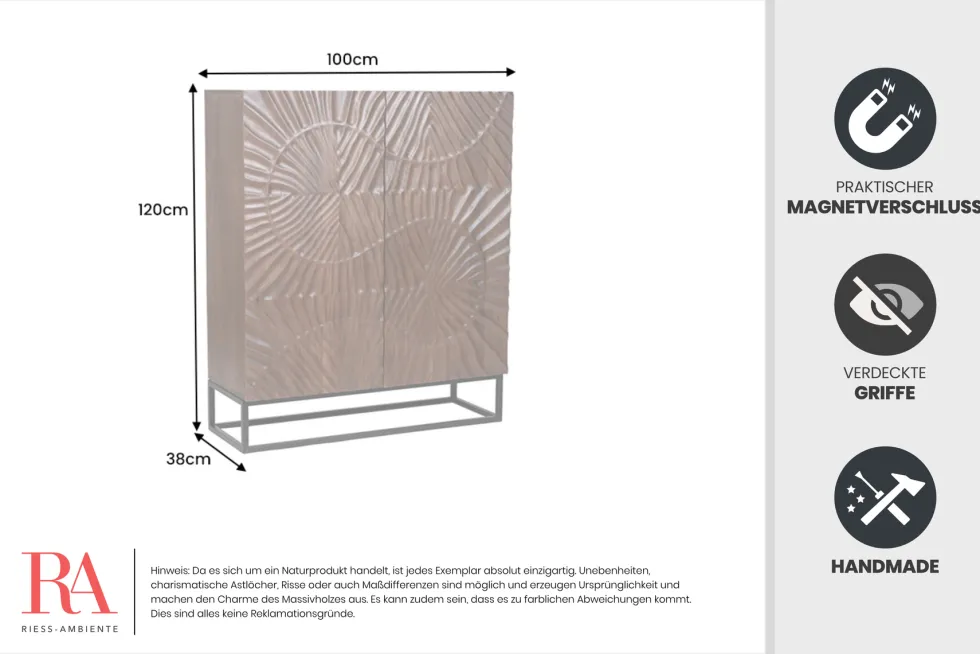 Massives Highboard SCORPION 120cm dunkelbraun Akazie mit 3D Schnitzereien schwarz Metall