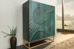 Massives Highboard SCORPION 120cm türkis Mangoholz mit 3D Schnitzereien gold Metall