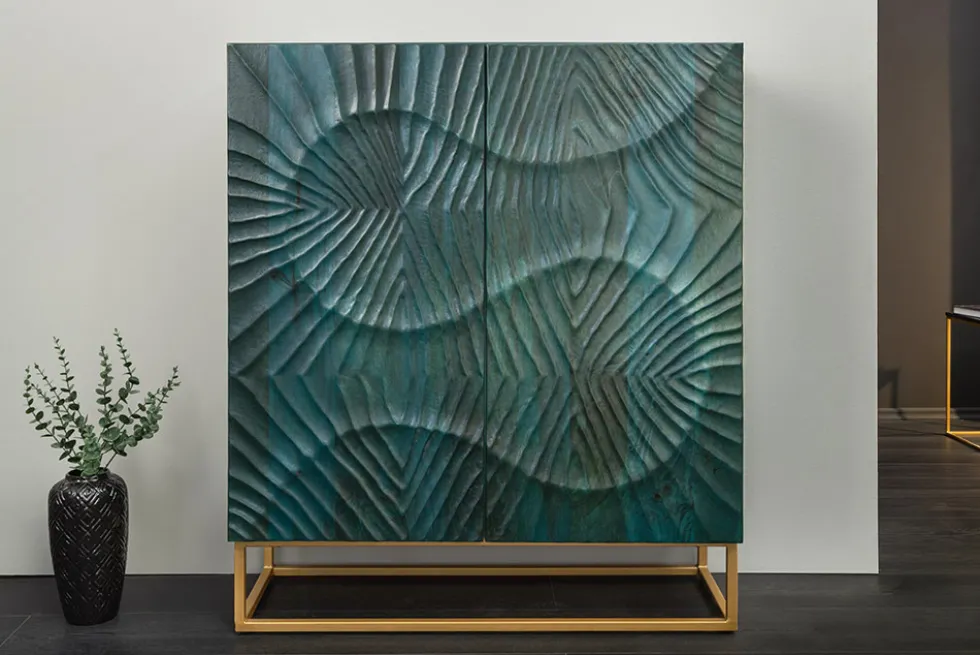 Massives Highboard SCORPION 120cm türkis Mangoholz mit 3D Schnitzereien gold Metall