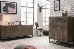 Massives Highboard SCORPION 120cm grau Akazie aufwendige 3D Schnitzereien