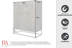 Massives Highboard SCORPION 120cm grau Akazie aufwendige 3D Schnitzereien