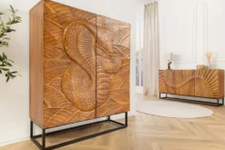 Massives Highboard SNAKE 120cm braun schwarz Mangoholz Schlangen-Design mit aufwendigen 3D Schnitzereien