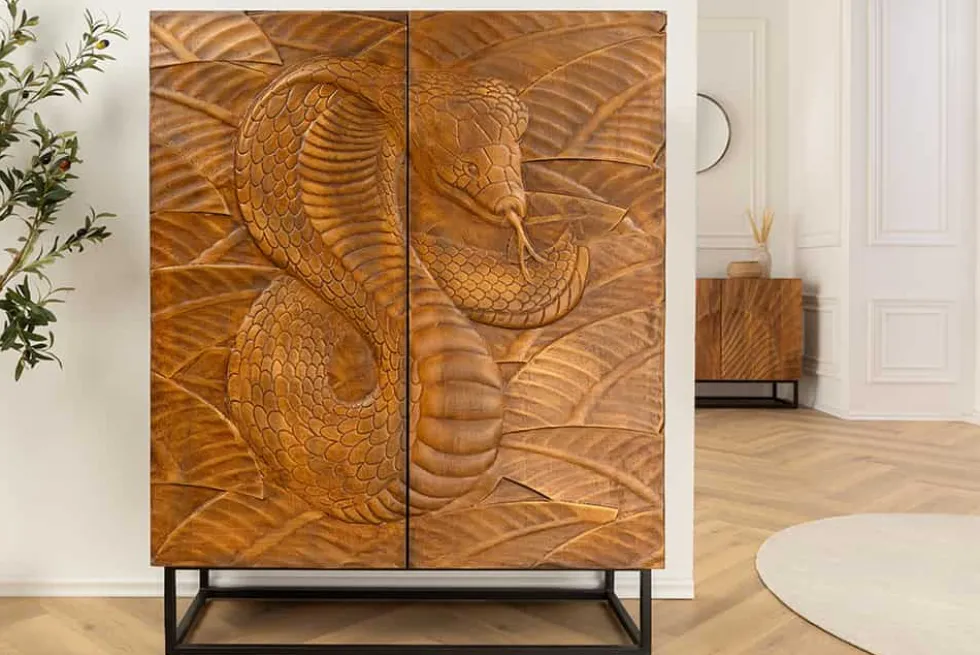 Massives Highboard SNAKE 120cm braun schwarz Mangoholz Schlangen-Design mit aufwendigen 3D Schnitzereien