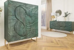 Massives Highboard SNAKE 120cm türkis gold Mangoholz Schlangen-Design mit aufwendigen 3D Schnitzereien
