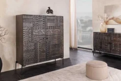 Massives Highboard TRIBAL 120cm antik braun Mangoholz 3D-Front viel Stauraum