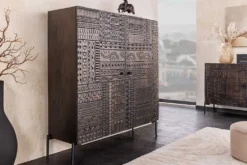 Massives Highboard TRIBAL 120cm antik braun Mangoholz 3D-Front viel Stauraum