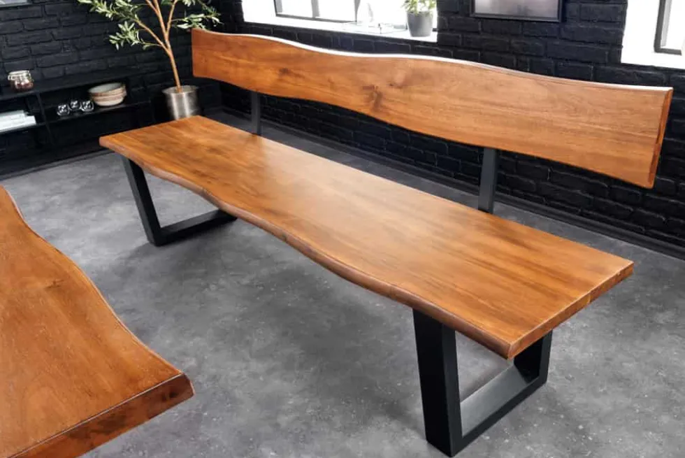 Massive Sitzbank GENESIS 200cm braun Akazienholz mit Rückenlehne Baumkante