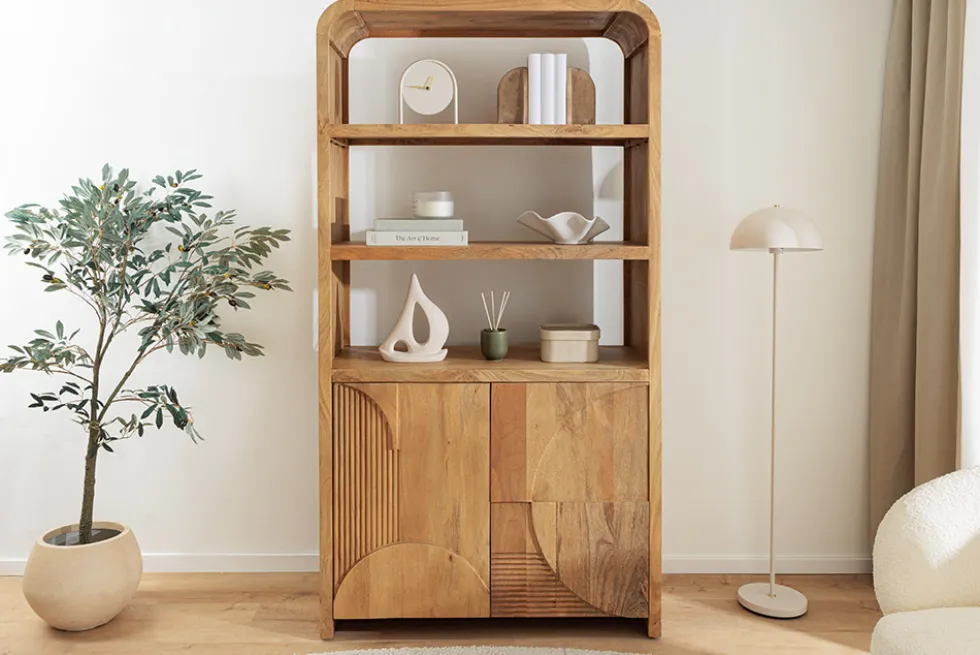 Massives Regal ART DECO 175cm cream finish beige Mangoholz abgerundet mit 3D-Front