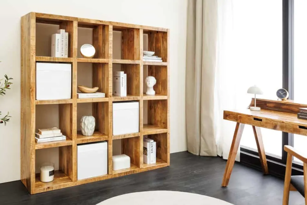 Massives Regal IRON CRAFT 160cm natur Mangoholz Bücherregal sechzehn Fächer