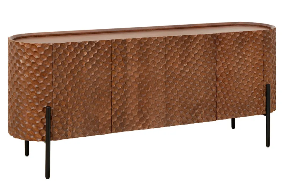 Massives Sideboard ADLON 180cm braun Mangoholz schwarz Metall 3D-Front in Wabenstruktur
