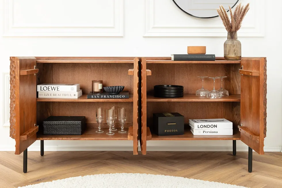 Massives Sideboard ADLON 180cm braun Mangoholz schwarz Metall 3D-Front in Wabenstruktur