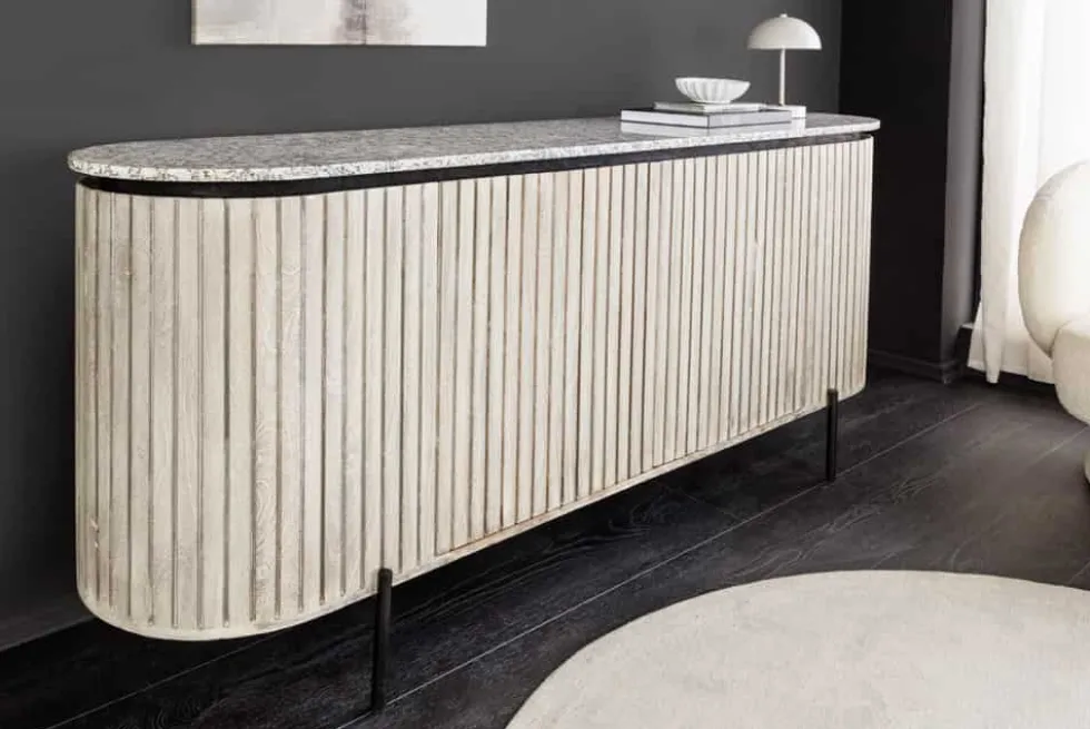 Massives Sideboard ADLON 170cm grau gebürstet Mangoholz mit weißer Marmorplatte