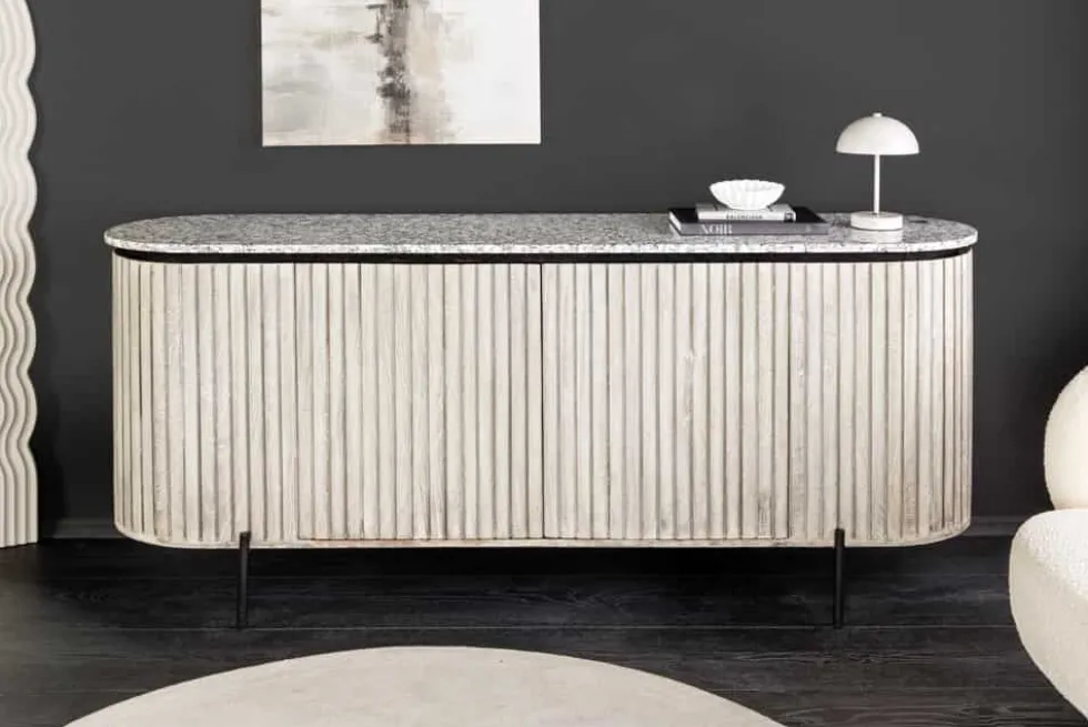 Massives Sideboard ADLON 170cm grau gebürstet Mangoholz mit weißer Marmorplatte