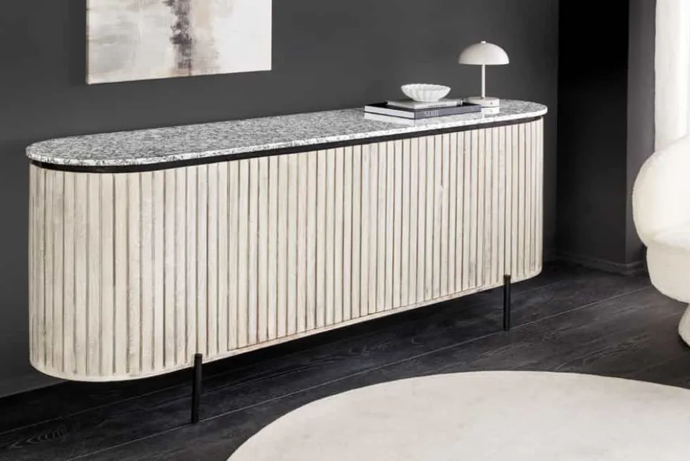 Massives Sideboard ADLON 170cm grau gebürstet Mangoholz mit weißer Marmorplatte