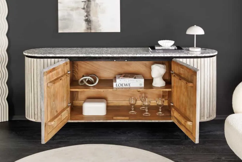 Massives Sideboard ADLON 170cm grau gebürstet Mangoholz mit weißer Marmorplatte