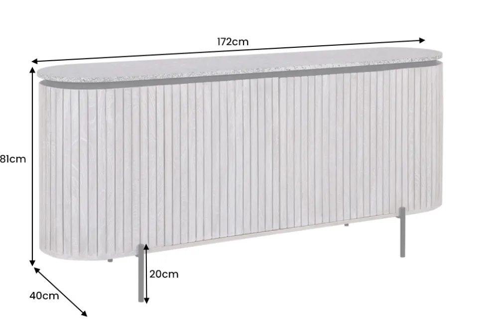 Massives Sideboard ADLON 170cm grau gebürstet Mangoholz mit weißer Marmorplatte